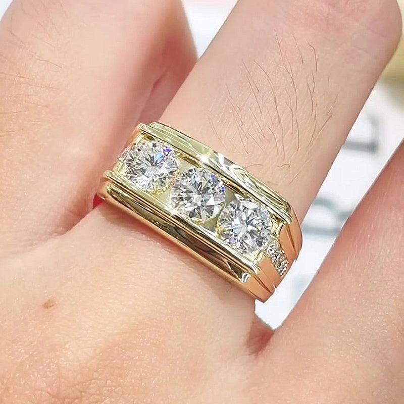 Jzora Handmade Round Cut Timeless Three Stone Moissanite Unisex Statement Ring