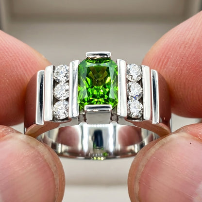 Jzora Handmade Bold Radiant-Cut Green CZ with Side Round CZ Grooved Men’s Ring