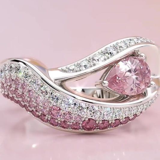 Jzora handmade pear cut ombre pink elegance wave sterling silver ring