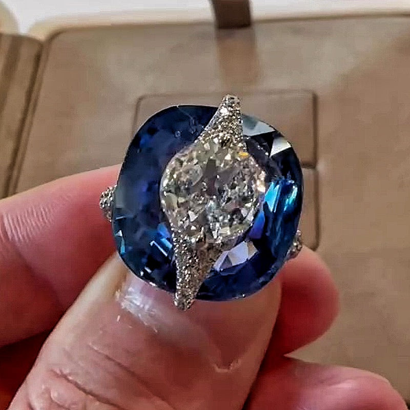 Jzora handmade bold & chic cushion sapphire blue statement ring