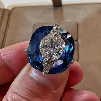 Jzora handmade bold & chic cushion sapphire blue statement ring