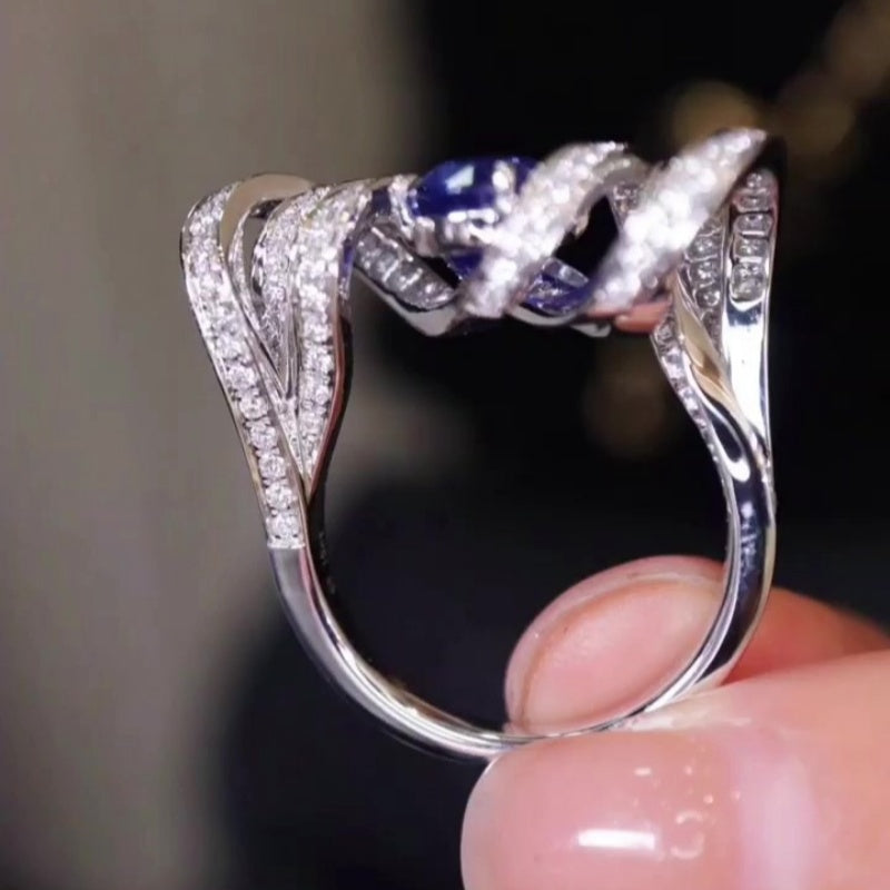 Jzora handmade ocean blaze sapphire wave sterling silver ring