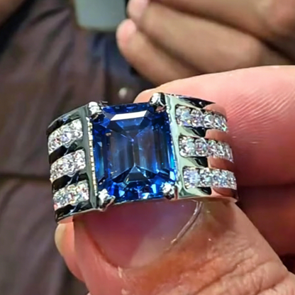 Jzora Handmade Chunky Wide Emerald Cut Sapphire Blue CZ Triple Pave Men’s Ring