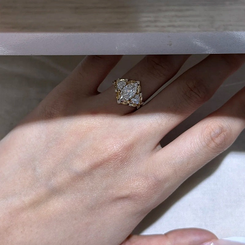Jzora Handmade 1CT Marquise‑Cut Three‑Stone Vintage Filigree Luxe Sterling Silver Promise Ring