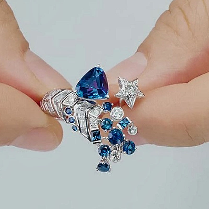 Jzora Handmade 2.03CT Celestial Comet Sapphire Meteor Ring