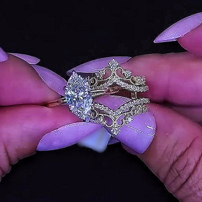 Jzora handmade marquise cut studded filigree sterling silver 2-piece ring