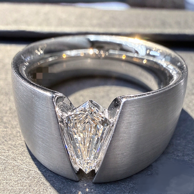 Jzora Handmade Bold Minimalist Floating Shield-Cut Solitaire Brushed Wide Band Men’s Ring