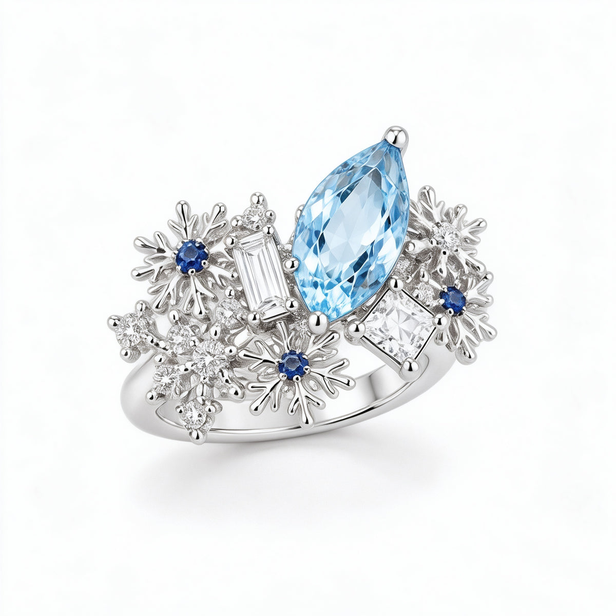 Jzora Handmade Aquamarine Marquise Cut Snowflake Floral Women’s Fashion Ring