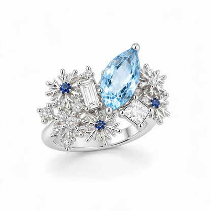 Jzora Handmade Aquamarine Marquise Cut Snowflake Floral Women’s Fashion Ring