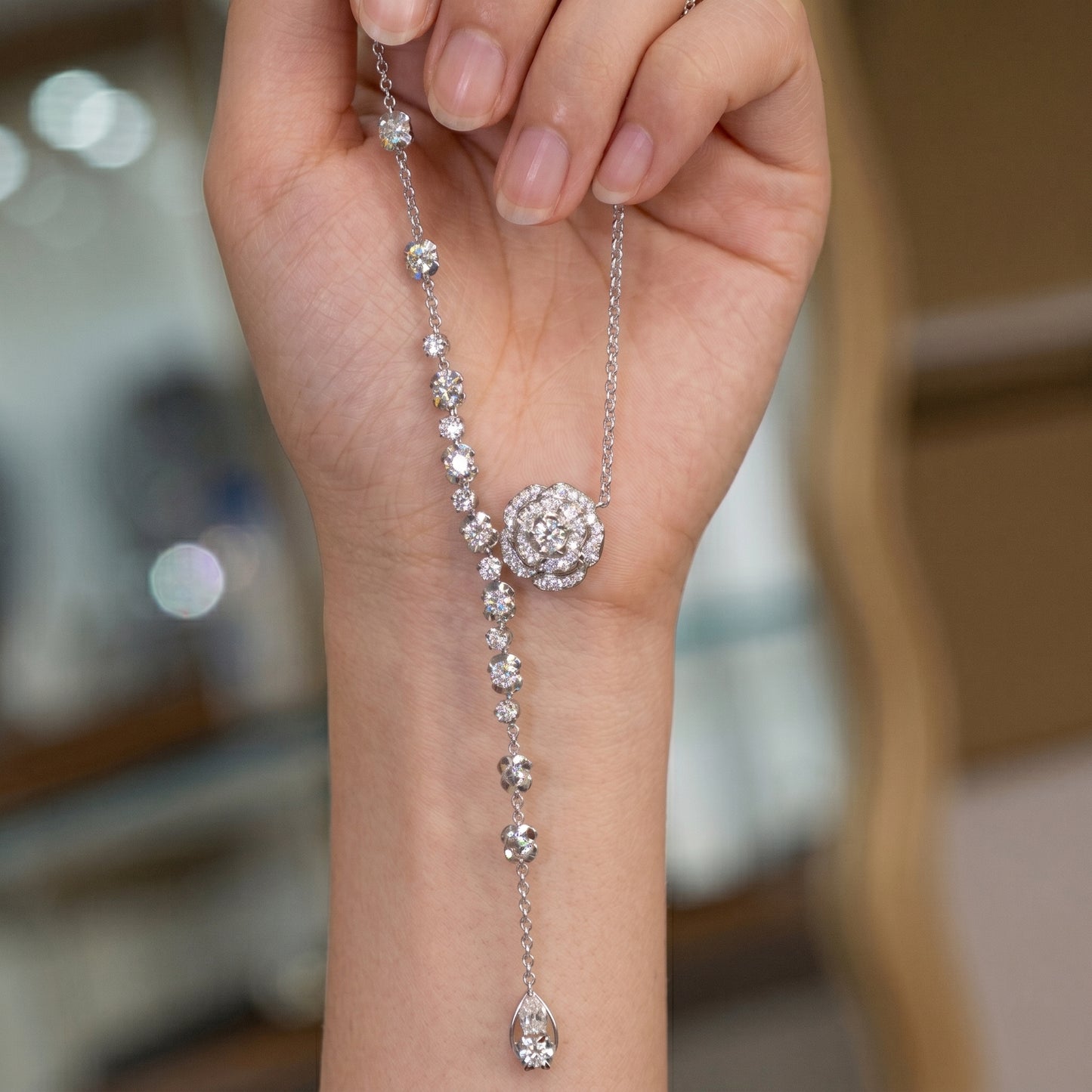 Jzora Handmade Elegant Pave CZ Camellia Flower Y-Drop Lariat Adjustable Necklace