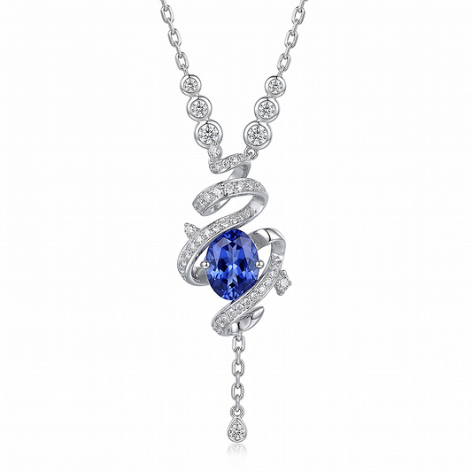 Jzora Handmade Celestial Scorpio Spiral Oval Blue Sapphire CZ Y‑Drop Necklace