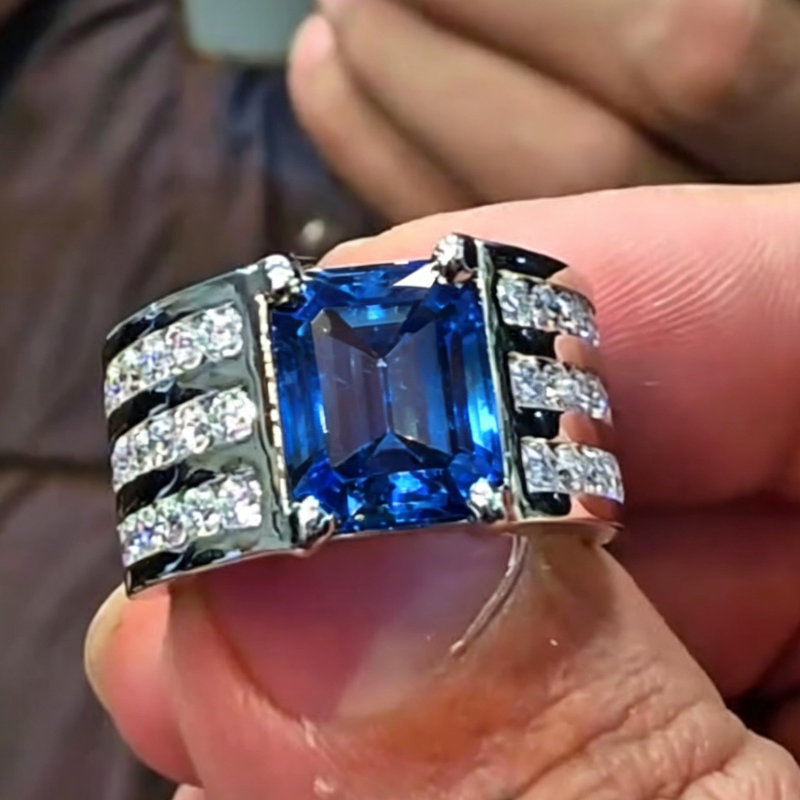 Jzora Handmade Chunky Wide Emerald Cut Sapphire Blue CZ Triple Pave Men’s Ring