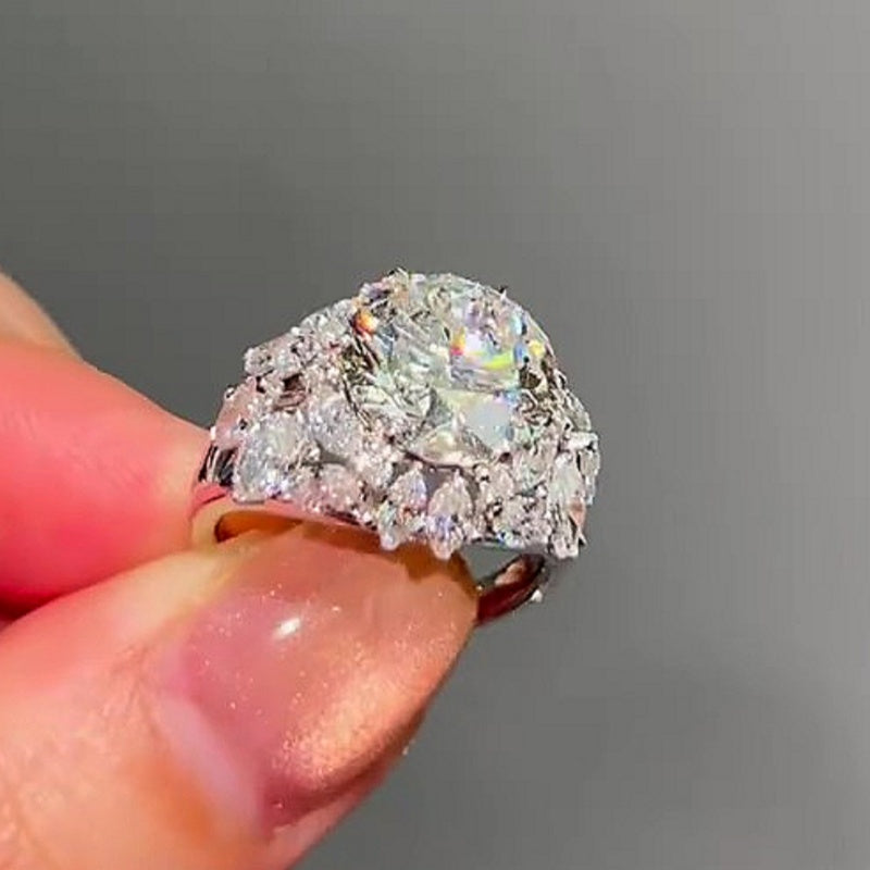 Jzora handmade 4ct high-quality round brilliant cut cluster halo moissanite sterling silver ring