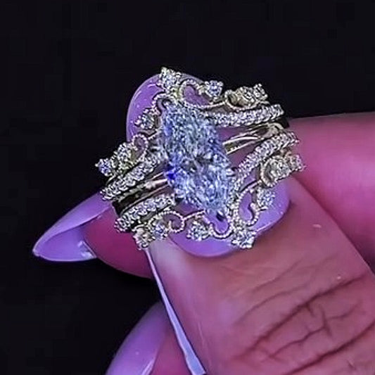 Jzora handmade marquise cut studded filigree sterling silver 2-piece ring