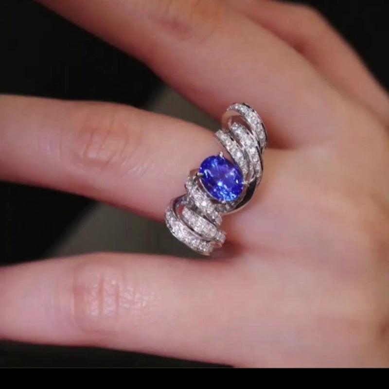 Jzora handmade ocean blaze sapphire wave sterling silver ring