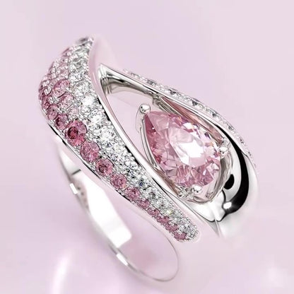 Jzora handmade pear cut ombre pink elegance wave sterling silver ring