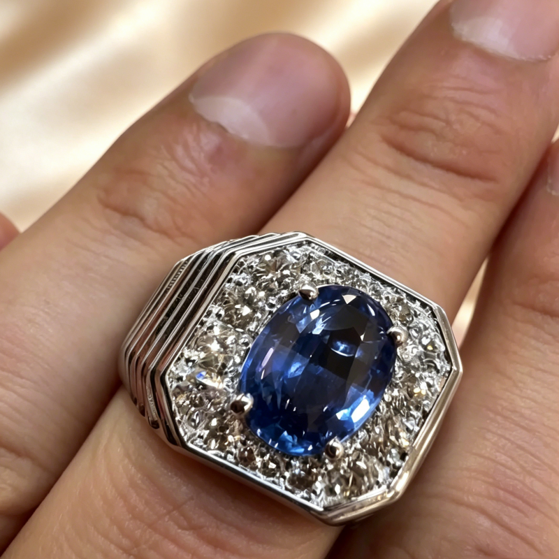 Jzora Handmade Octagonal Halo Oval Sapphire Blue CZ Ridged Wide Band Men’s Ring