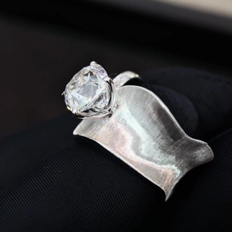 Jzora handmade eclipse wave cushion cut  polished & brushed texture open band moissanite sterling silver ring