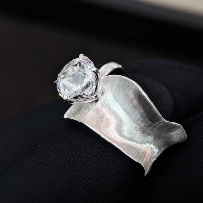 Jzora handmade eclipse wave cushion cut  polished & brushed texture open band moissanite sterling silver ring