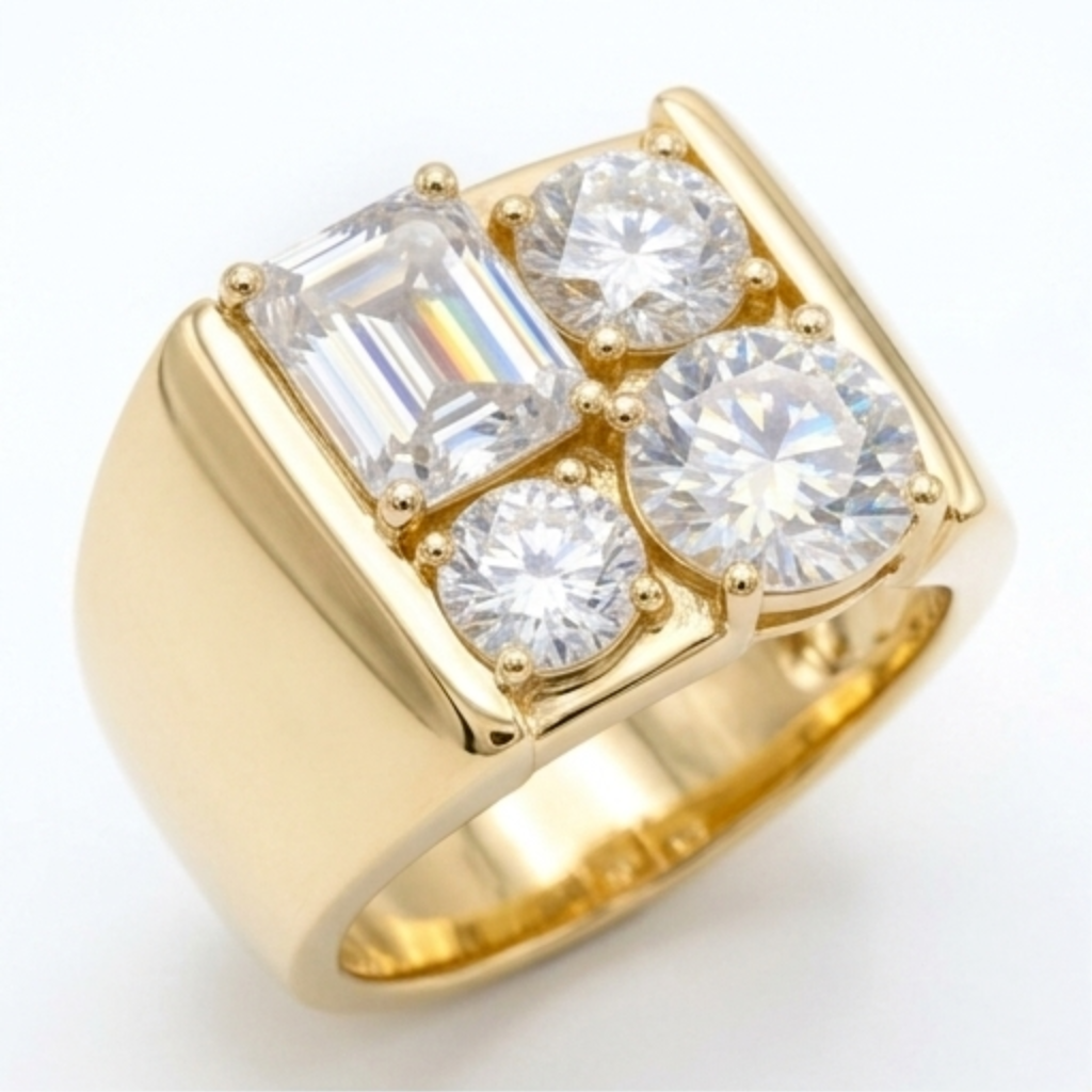 Jzora Handmade Vintage Round and Emerald Cut Men's Wide Band Ring