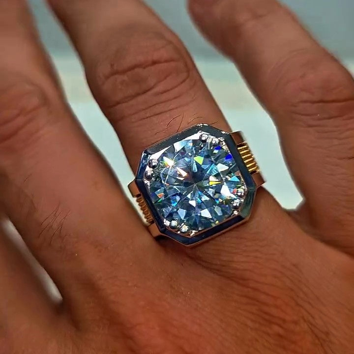 Jzora Handmade 10CT Gold & Silver Round Cut Moissanite Solitaire Men’s Wide Band Ring