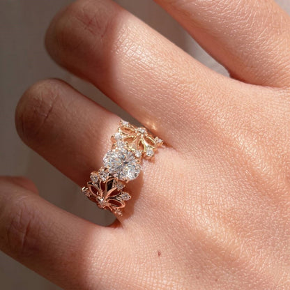 Jzora Handmade Delicate Openwork Iris Flower Oval CZ Women‘s Engagement Ring