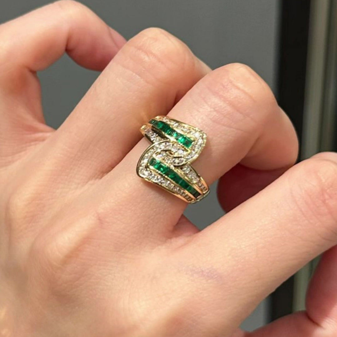 Jzora handmade emerald cut fan shaped sterling silver ring