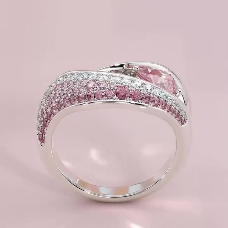 Jzora handmade pear cut ombre pink elegance wave sterling silver ring