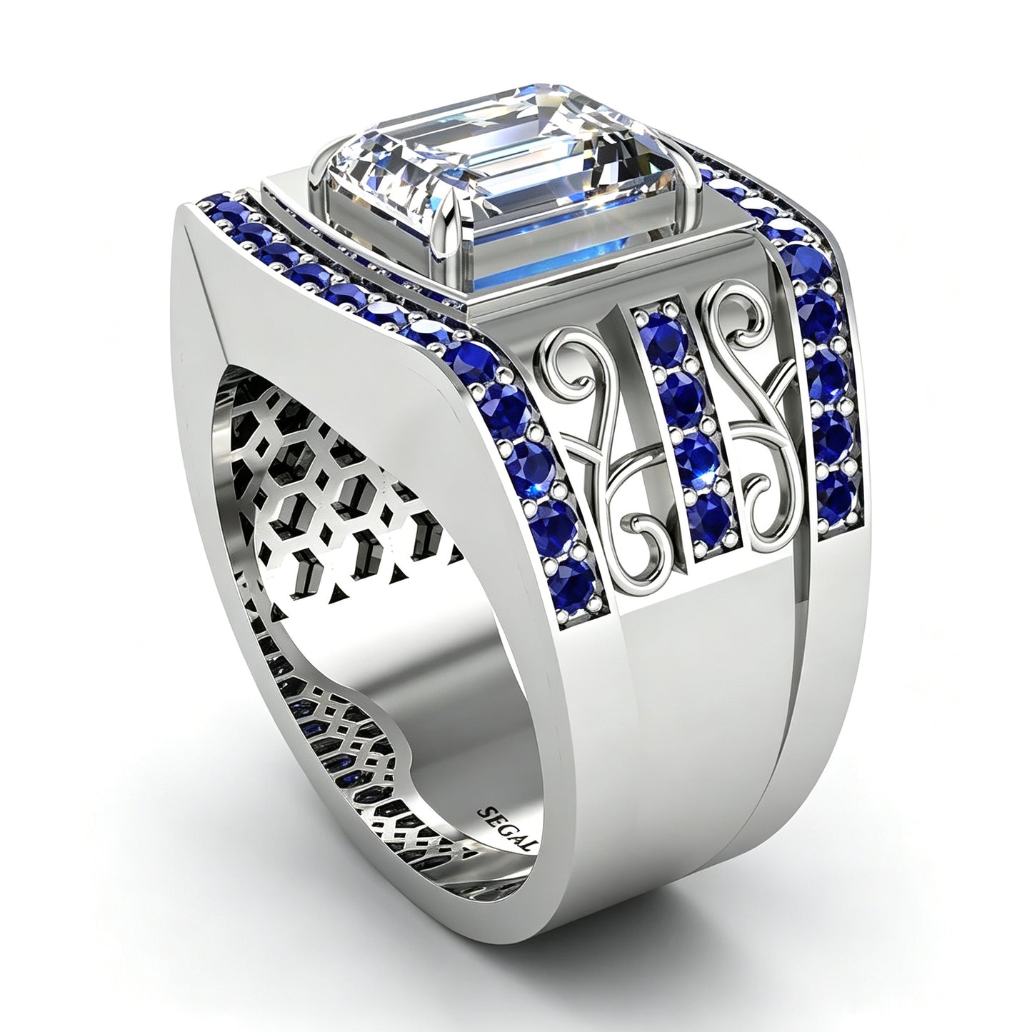 Jzora Handmade 3.7CT Moissanite Emerald Cut With Sapphire Accents Men's Ring