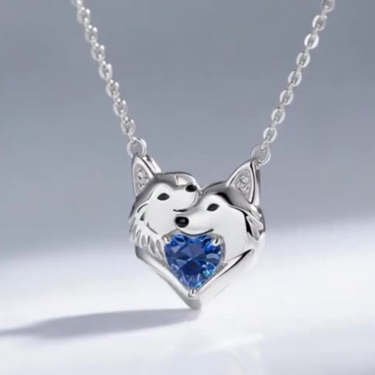 Jzora handmade l-sapphire blue heart shape double-husky pup sterling silver necklace