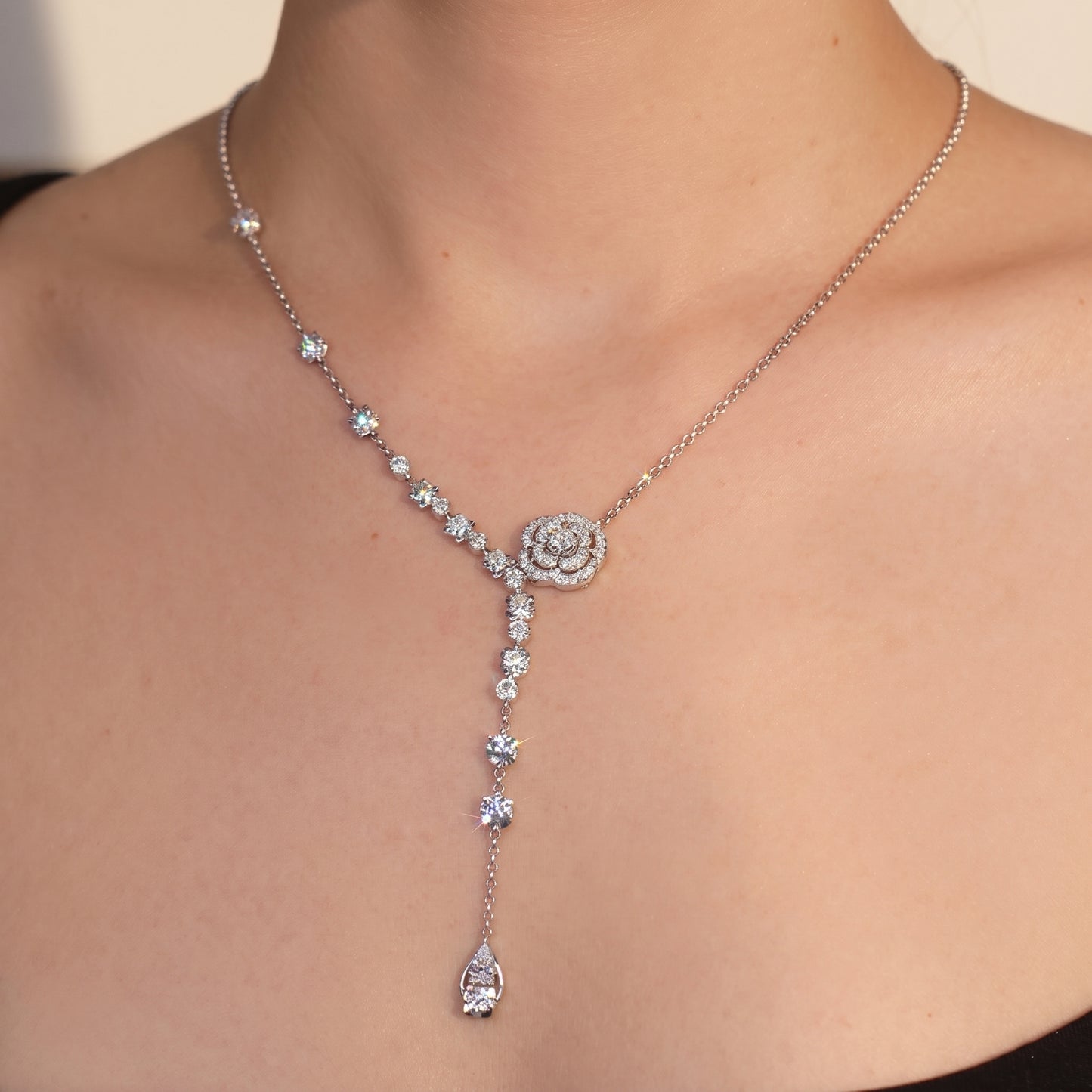 Jzora Handmade Elegant Pave CZ Camellia Flower Y-Drop Lariat Adjustable Necklace