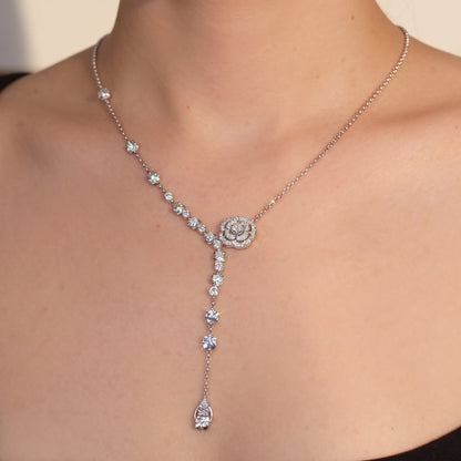 Jzora Handmade Elegant Pave CZ Camellia Flower Y-Drop Lariat Adjustable Necklace