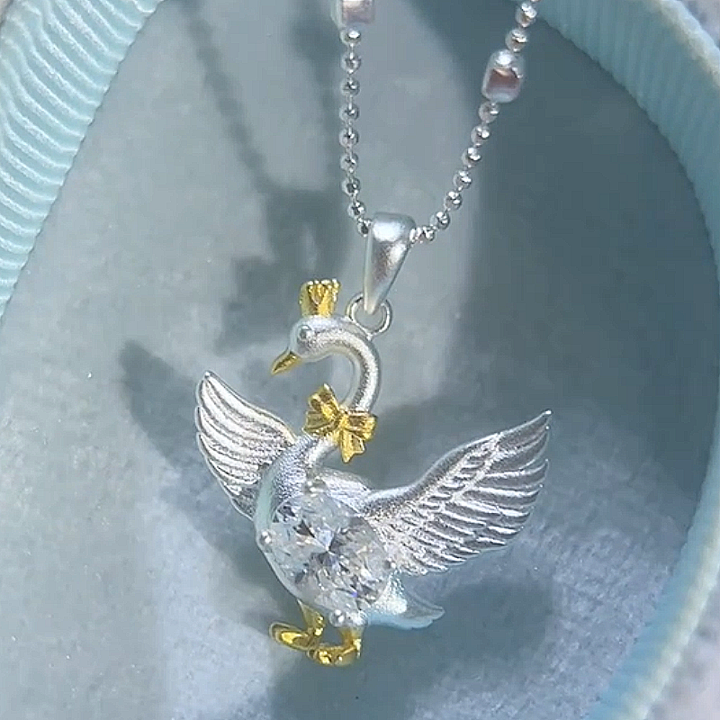 Jzora Handmade Two‑Tone Matte‑Textured Sterling Silver Crown Swan Pendant Necklace