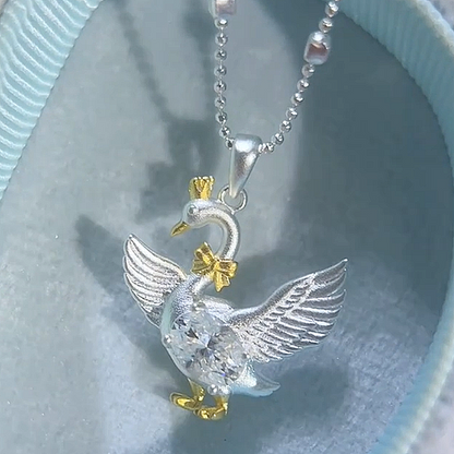 Jzora Handmade Two‑Tone Matte‑Textured Sterling Silver Crown Swan Pendant Necklace