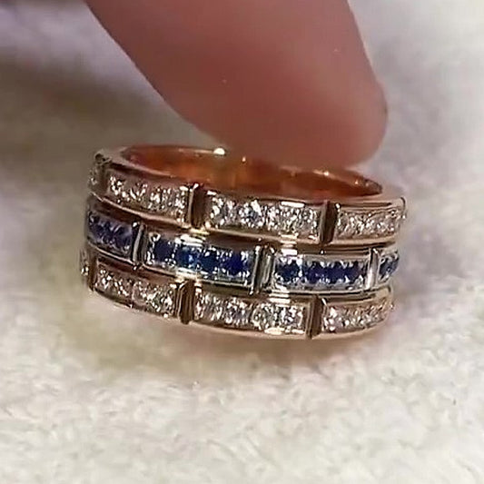 Jzora Handmade Three-Row Channel Set Sapphire & Cubic Zirconia Men's Statement Ring