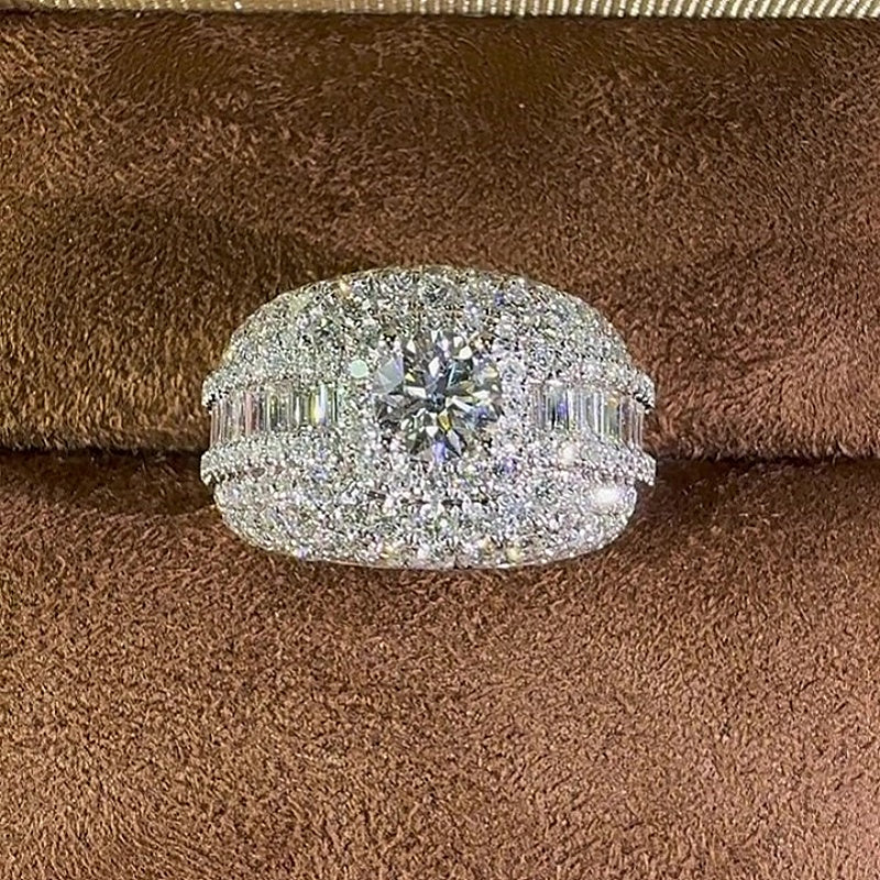 Jzora Handmade Ultimate Luxury Masculine Sparkle Round Cut Moissanite Full Pave Halo Men's Ring