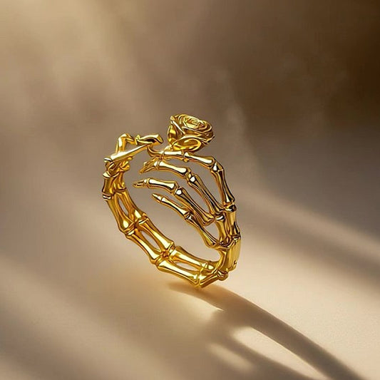 Jzora Handmade Gothic Rose Skeleton Hand Open Statement Ring