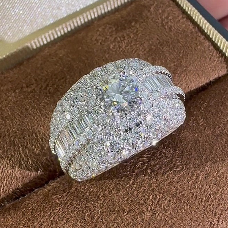 Jzora Handmade Ultimate Luxury Masculine Sparkle Round Cut Moissanite Full Pave Halo Men's Ring