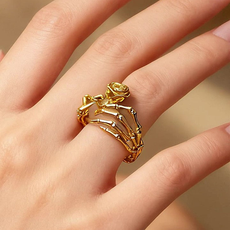 Jzora Handmade Gothic Rose Skeleton Hand Open Statement Ring