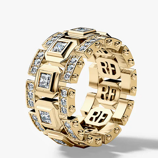 Jzora handmade bold square-link princess stone full-iced men’s band ring