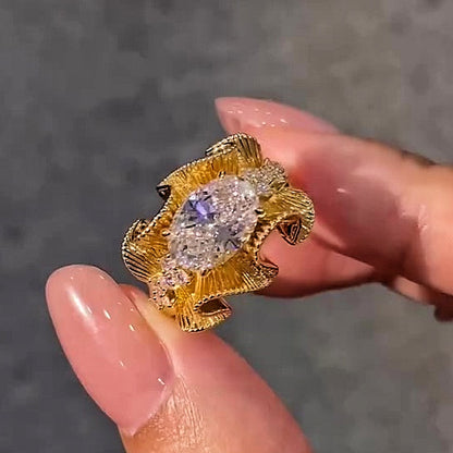 Jzora handmade gold 2ct radiant cut pleated sterling silver ring