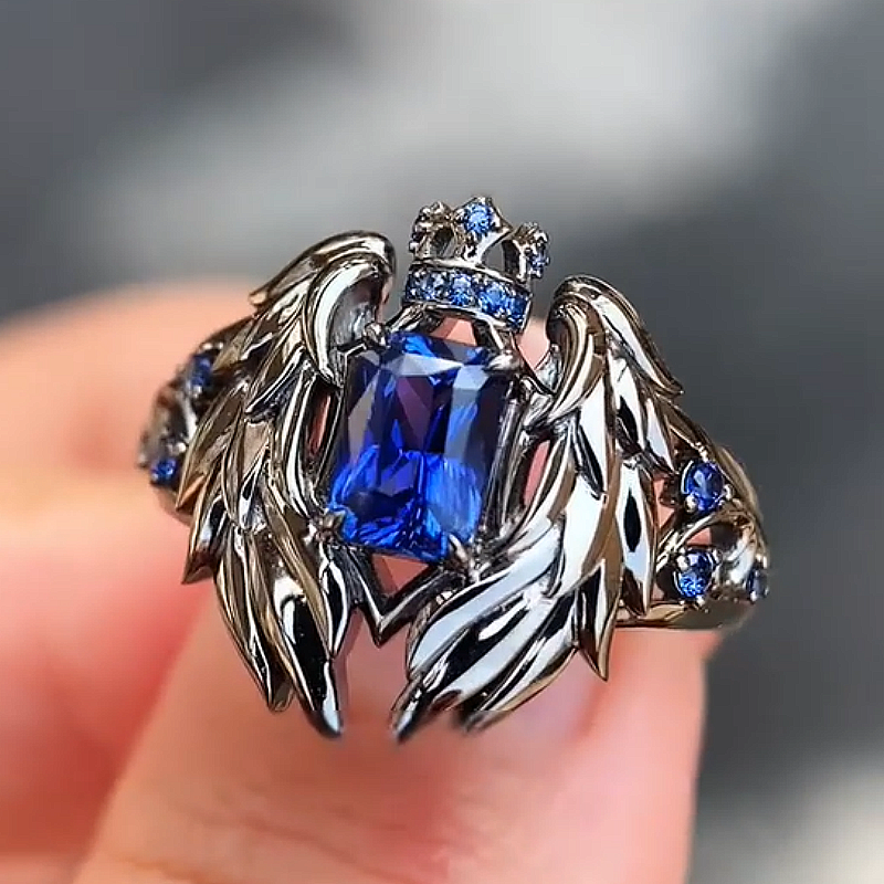 Jzora Handmade Radiant‑Cut Sapphire‑Blue Angel Wing Crown Knight Men’s Ring