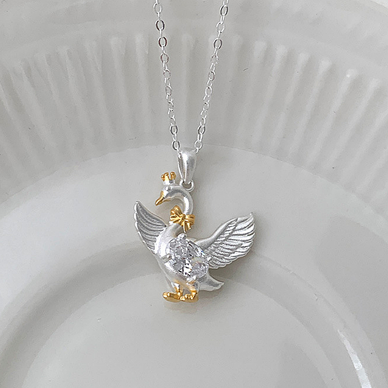 Jzora Handmade Two‑Tone Matte‑Textured Sterling Silver Crown Swan Pendant Necklace