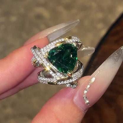 Jzora Handmade Trilliant Cut Vivid Emerald Green Double Halo Pave Ring