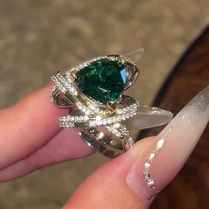 Jzora Handmade Trilliant Cut Vivid Emerald Green Double Halo Pave Ring