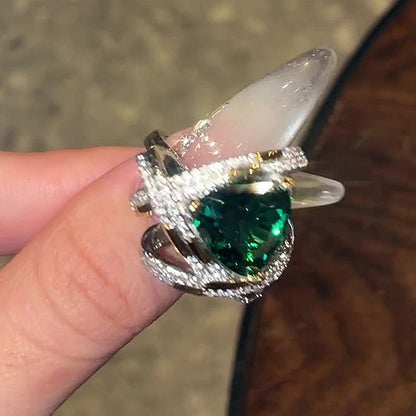 Jzora Handmade Trilliant Cut Vivid Emerald Green Double Halo Pave Ring