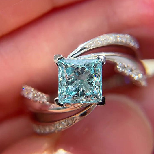 Jzora Handmade Mint Sky Blue Princess Cut Moissanite Twisted Wrap Pave Elegant Ring