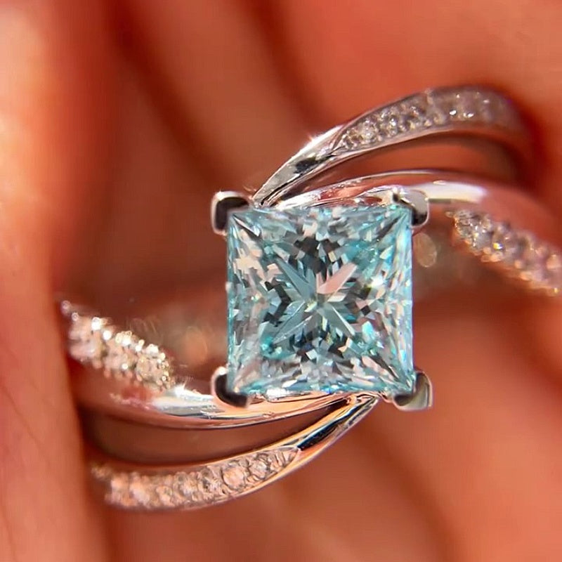 Jzora Handmade Mint Sky Blue Princess Cut Moissanite Twisted Wrap Pave Elegant Ring