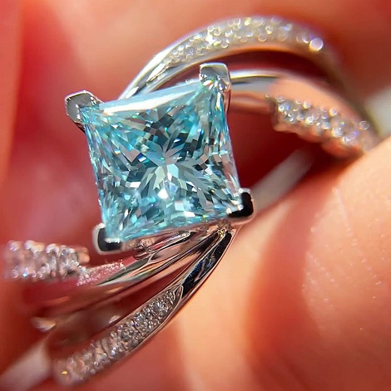 Jzora Handmade Mint Sky Blue Princess Cut Moissanite Twisted Wrap Pave Elegant Ring
