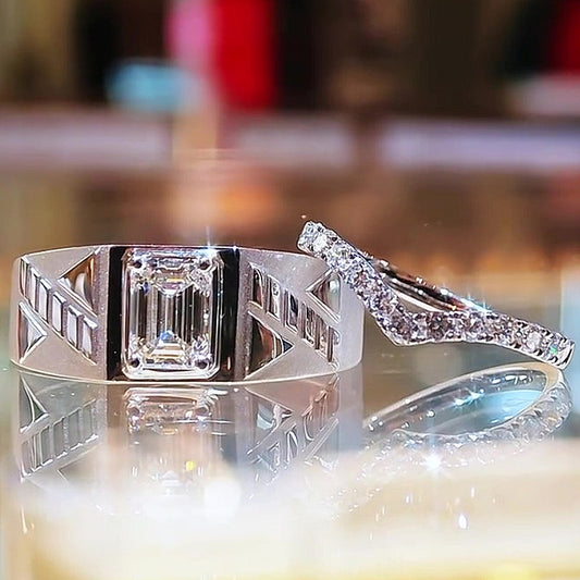 Jzora Handmade Geometric Emerald Cut & V-Pave Matching Couple Ring Set